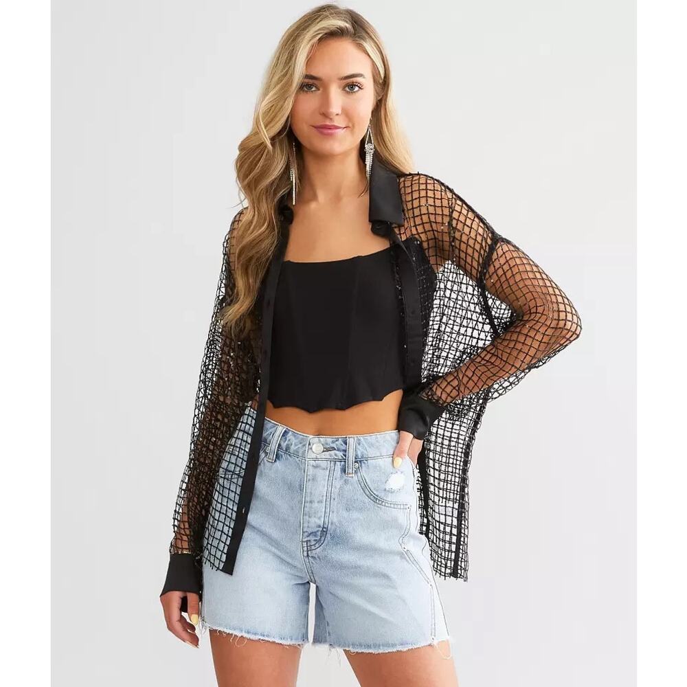 NWT Willow + Root black sequin mesh button up collared shirt